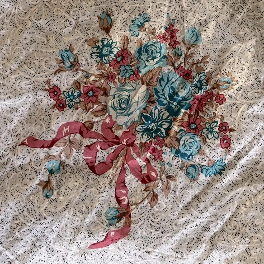 Silk Baby Blue Rose/ Pink Ribbon Paisley Scarf Vintage 80’s